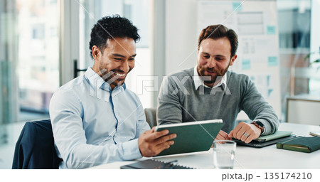 Meeting, tablet and business men in office for finance review, discussion and budget planning. Teamwork, corporate and workers on digital tech for research, website and proposal for financial report 135174210