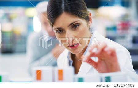 Pharmacy customer, store shelf and woman help client with clinic pills, medicine product or prescription drugs. Retail stock check, healthcare and female pharmacist search for pharmaceutical box Pharmacy customer, store shelf and woman help client with clinic pills, medicine product or prescription drugs. Retail stock check, healthcare and female pharmacist search for pharmaceutical box 135174408