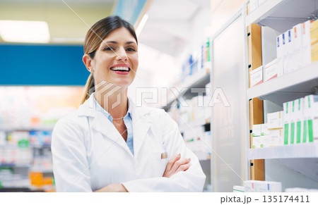 Pharmacy shelf, portrait and happy woman, arms crossed and pharmacist in drugs store, dispensary or retail shop. Hospital commerce store, medicine product and person confident in service clinic Pharmacy shelf, portrait and happy woman, arms crossed and pharmacist in drugs store, dispensary or retail shop. Hospital commerce store, medicine product and person confident in service clinic 135174411
