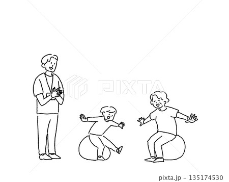 バランスボールに乗る男の子と高齢者女性、講師の男性、線画 135174530
