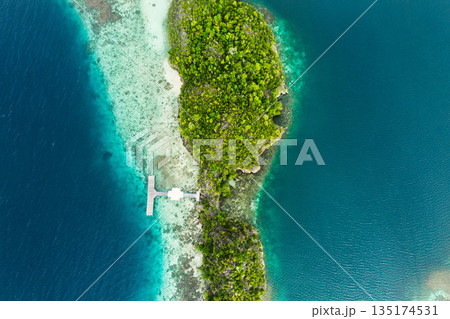 Travel, top view and landscape of island for adventure, holiday and summer vacation in Mauritius. Nature, seascape and aerial drone of destination in tropical water, ocean and traveling on islands 135174531