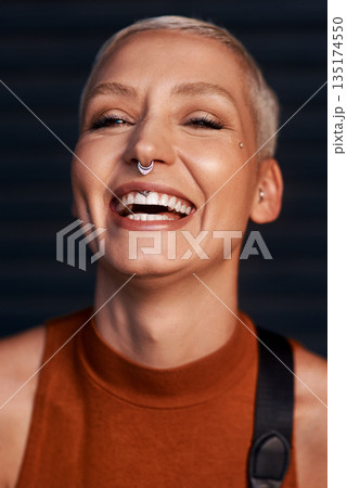 Young woman, laughing and portrait with hipster and gen z fashion with a smile and piercing. Cool style, face and cosmetics of a female person with happiness, confidence and jewelry wearing makeup Young woman, laughing and portrait with hipster and gen z fashion with a smile and piercing. Cool style, face and cosmetics of a female person with happiness, confidence and jewelry wearing makeup 135174550