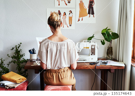 Fashion, design and back of woman at sewing machine in small business, creative ideas and focus in studio. Creativity, sustainable startup and designer, tailor or young entrepreneur working at table. 135174643