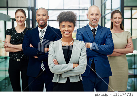 Portrait, diversity and happy business people with arms crossed for professional commitment, pride or teamwork. Group, African woman leader and corporate employees smile for global company unity Portrait, diversity and happy business people with arms crossed for professional commitment, pride or teamwork. Group, African woman leader and corporate employees smile for global company unity 135174735