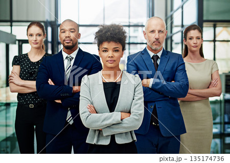 Portrait, business people or serious teamwork with arms crossed for diversity, professional commitment or office pride. Group, African woman or global collaboration leadership of corporate employees Portrait, business people or serious teamwork with arms crossed for diversity, professional commitment or office pride. Group, African woman or global collaboration leadership of corporate employees 135174736