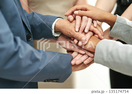 Business people, meeting and hands together in agreement for collaboration at the office. Hand of group piling for teamwork motivation, trust or support in solidarity for company goals at workplace Business people, meeting and hands together in agreement for collaboration at the office. Hand of group piling for teamwork motivation, trust or support in solidarity for company goals at workplace 135174754