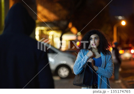 Danger, woman fear and criminal in the city at night with thief and anxiety outdoor, Urban, dark and female person feeling scared with stress and terror from stalker, crime and risk of scary violence 135174765