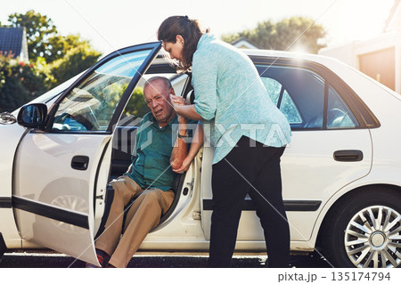 Car, transport and caregiver help old man for assisted living, retirement care and rehabilitation. Travel, transportation and woman helping elderly male person from motor vehicle for health service Car, transport and caregiver help old man for assisted living, retirement care and rehabilitation. Travel, transportation and woman helping elderly male person from motor vehicle for health service 135174794