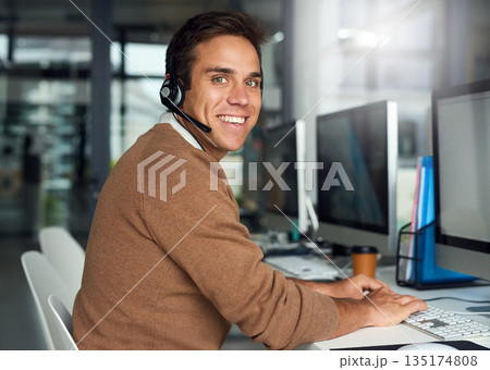 Customer support, telemarketing and portrait of a man in the office doing online consultation on computer. Technology, contact us and male call center consultant working on crm on a pc in workplace. 135174808