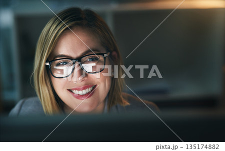 Happy, businesswoman and working late on a computer or overtime for a project deadline or schedule and in an office. Research, email and corporate worker with smile or analysis and report at night Happy, businesswoman and working late on a computer or overtime for a project deadline or schedule and in an office. Research, email and corporate worker with smile or analysis and report at night 135174882