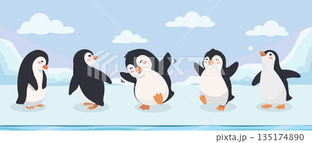 Group of Happy Cartoon Penguins Having Fun on Ice Floe Illustration 135174890