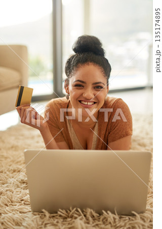 Woman with laptop, portrait with credit card and online shopping with payment on store website, fintech and smile. Female person at home, happy with internet banking and finance with e commerce Woman with laptop, portrait with credit card and online shopping with payment on store website, fintech and smile. Female person at home, happy with internet banking and finance with e commerce 135174895