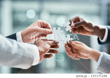 Solution, business puzzle and group of people hands for goals, project integration and workflow or success. Team building, progress and development of problem solving game, synergy or collaboration 135175106