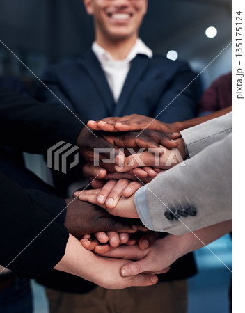 Teamwork, support and hands stack of business people in office for celebration, team building and community. Corporate, diversity and workers with hand together for solidarity, success and goal 135175124