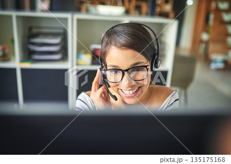 Call center, customer service and face of happy woman on computer for consulting, help and advice. Telemarketing, communication and female consultant for contact, crm support and network in office Call center, customer service and face of happy woman on computer for consulting, help and advice. Telemarketing, communication and female consultant for contact, crm support and network in office 135175168