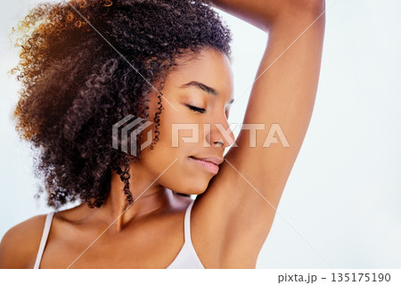 African woman, smelling armpit and home bathroom with youth, fragrance and clean for morning routine. Girl, hygiene and grooming for cleaning, fresh scent or check for self care, wellness or health African woman, smelling armpit and home bathroom with youth, fragrance and clean for morning routine. Girl, hygiene and grooming for cleaning, fresh scent or check for self care, wellness or health 135175190