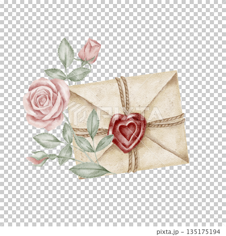 A sealed beige envelope with blush roses appears in this watercolor clipart, perfect for Valentine stationery, wedding card layouts, printable kits, journal pages, branding sets, product packaging 135175194