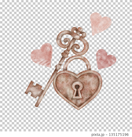 A brown vintage key with a heart lock and soft pink hearts is presented in this watercolor clipart, suitable for designing Valentine cards, printable journals, decorative tags, packaging artwork 135175196
