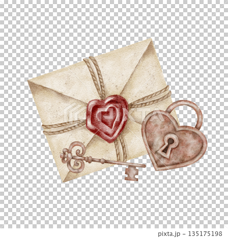 A beige envelope with a red wax seal, vintage key, and heart lock appear in this watercolor clipart, perfect for romantic stationery, printable sets, card designs, packaging accents 135175198