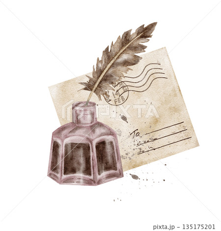 A mauve ink bottle, beige postcard, and brown feather appear in this detailed watercolor clipart, great for crafting Valentine invitations, paper goods, printable sets, packaging elements 135175201