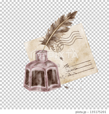 A mauve ink bottle, beige postcard, and brown feather appear in this detailed watercolor clipart, great for crafting Valentine invitations, paper goods, printable sets, packaging elements A mauve ink bottle, beige postcard, and brown feather appear in this detailed watercolor clipart, great for crafting Valentine invitations, paper goods, printable sets, packaging elements 135175201