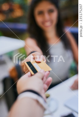 Woman, hands and credit card payment at a cafe or waiter in restaurant for transaction or customer ready for purchase and at coffee shop. Bills, finance and lady client or cashier and shopping person Woman, hands and credit card payment at a cafe or waiter in restaurant for transaction or customer ready for purchase and at coffee shop. Bills, finance and lady client or cashier and shopping person 135175207