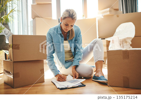 Woman, paperwork and boxes in apartment on the floor for investment in real estate for house. Document, lease and person with agreement for new home in living room with rent for property and growth. 135175214