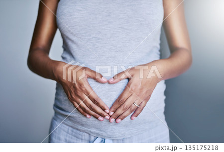 Pregnancy, woman and heart hands on her stomach for love, care and maternity in her house. Bonding, maternal and closeup of a pregnant female person holding her belly for motherhood at her home. 135175218