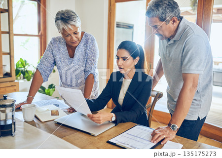 Finance consultant, budget and senior couple with bills, paperwork and life insurance documents. Retirement, laptop and elderly man and woman with financial advisor for pension, payment or investment Finance consultant, budget and senior couple with bills, paperwork and life insurance documents. Retirement, laptop and elderly man and woman with financial advisor for pension, payment or investment 135175273