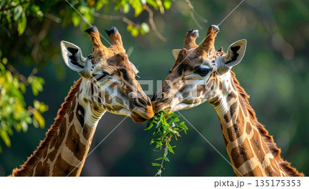 A cute photograph of a tall mammal with a long neck and spotted head: the wild giraffe. 135175353