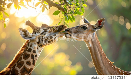 A cute photograph of a tall mammal with a long neck and spotted head: the wild giraffe. 135175354