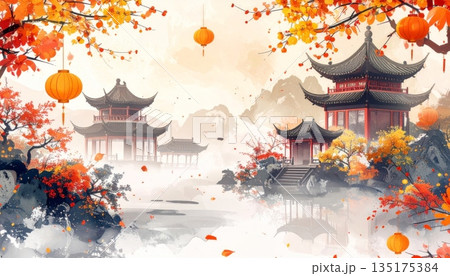 Traditional ancient pagoda architecture stands amidst the high mountains of China. Traditional ancient pagoda architecture stands amidst the high mountains of China. 135175384