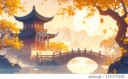 Traditional ancient pagoda architecture stands amidst the high mountains of China. 135175385