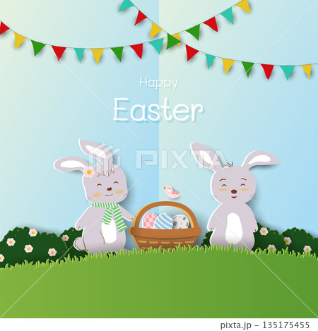Easter background with cute bunny,celebrate theme on spring garden for banners,flyers,cards,social media or wallpaper Easter background with cute bunny,celebrate theme on spring garden for banners,flyers,cards,social media or wallpaper 135175455