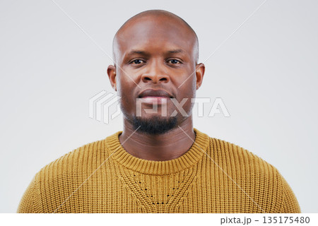 Face portrait, serious and black man in studio isolated on a white background. African, bald and male person from South Africa with fashion, style and pose with aesthetic clothes for confidence. 135175480