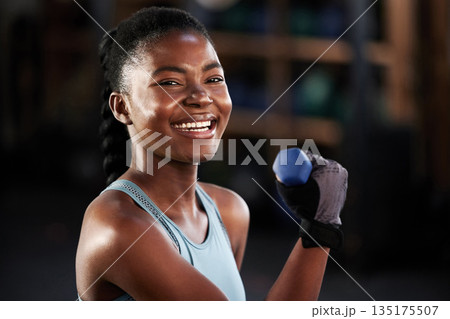 Fitness portrait, dumbbell or happy black woman training, exercise or workout for powerful arms or muscles. Smile, face or African girl lifting dumbbells, weights or exercising biceps in gym studio Fitness portrait, dumbbell or happy black woman training, exercise or workout for powerful arms or muscles. Smile, face or African girl lifting dumbbells, weights or exercising biceps in gym studio 135175507