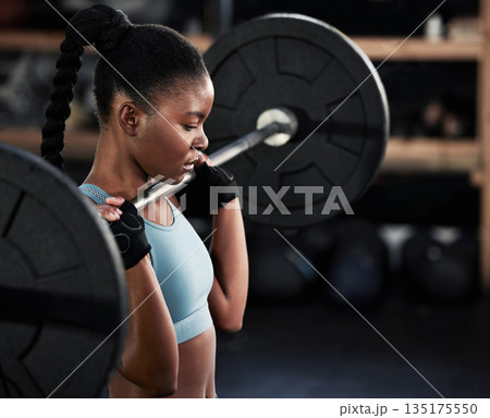 Exercise, barbell and woman training, wellness and workout goal with fitness, strong or health. Female person, girl or athlete with gym equipment, bodybuilding or weightlifting with strength or power Exercise, barbell and woman training, wellness and workout goal with fitness, strong or health. Female person, girl or athlete with gym equipment, bodybuilding or weightlifting with strength or power 135175550