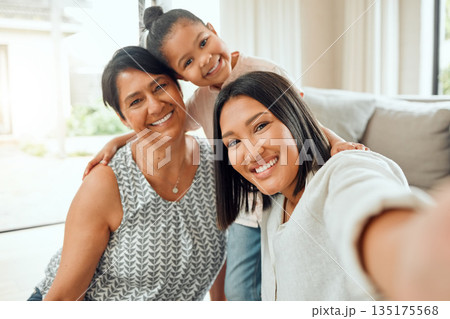 Happy family, portrait smile and selfie for social media, profile picture or online post on living room sofa at home. Grandma, mother and child smiling for photo, memory or bonding together in house Happy family, portrait smile and selfie for social media, profile picture or online post on living room sofa at home. Grandma, mother and child smiling for photo, memory or bonding together in house 135175568