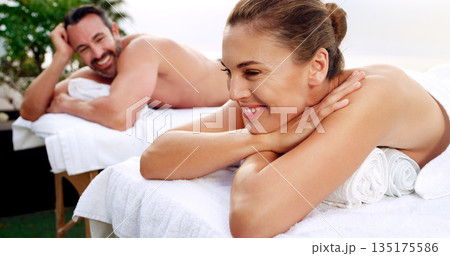 Spa, relax and happy couple outdoor for massage, vacation and resting on a table with zen. Love, peace and man with woman at a luxury resort for wellness, treatment and body therapy, smile or bonding Spa, relax and happy couple outdoor for massage, vacation and resting on a table with zen. Love, peace and man with woman at a luxury resort for wellness, treatment and body therapy, smile or bonding 135175586