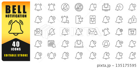 Clean And Modern Bell Notification Line Icon Set Featuring Alerts, Reminders, Messages, System Status, And User Interactions. Ideal For Apps, Dashboards, Web Interfaces, And UI UX Design. Editable Str Clean And Modern Bell Notification Line Icon Set Featuring Alerts, Reminders, Messages, System Status, And User Interactions. Ideal For Apps, Dashboards, Web Interfaces, And UI UX Design. Editable Str 135175595