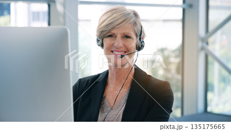Portrait, call center and mature woman with a smile, telemarketing and customer service. Face, female person and employee with a headphones, consultant and agent with a career, crm and professional 135175665