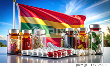 Medicine Bottles And Pills On Bright Flag Background Creating A Vibrant Healthcare Scene For Listing. 135175688