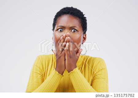 Shock, fear and scared woman in a studio with a omg, wow or wtf facial expression for emoji. Emotion, afraid and African female model with a surprise face with hands on her mouth by white background. Shock, fear and scared woman in a studio with a omg, wow or wtf facial expression for emoji. Emotion, afraid and African female model with a surprise face with hands on her mouth by white background. 135175702