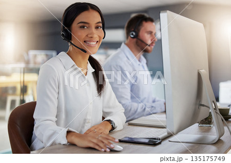 Call center, consulting and computer with portrait of woman in office for communication, customer service or help desk. Happy, sales and advice with employee for commitment, contact us and hotline Call center, consulting and computer with portrait of woman in office for communication, customer service or help desk. Happy, sales and advice with employee for commitment, contact us and hotline 135175749