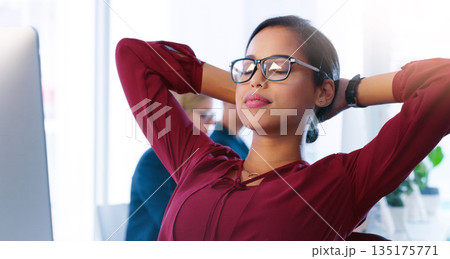 Relax, computer and a business woman done with her tasks for the day in an office with hands behind her head. Resting, flare and complete with a young female employee working online using a desktop Relax, computer and a business woman done with her tasks for the day in an office with hands behind her head. Resting, flare and complete with a young female employee working online using a desktop 135175771