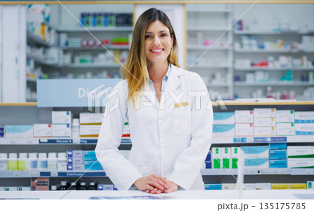 Pharmacy portrait, happy pharmacist and woman in drugs store, pharmaceutical service or healthcare shop. Hospital retail dispensary, medicine product shelf and medical person for clinic support help 135175785
