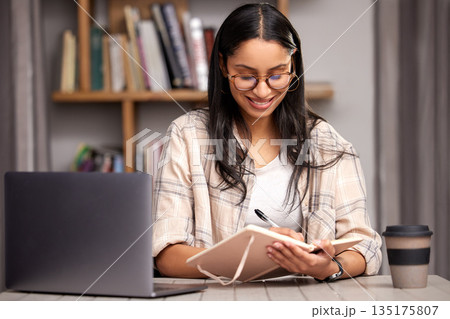 Laptop, writing and education with a student woman in a university library to study for a final exam. Technology, learning and notebook with a young female college pupil reading research material Laptop, writing and education with a student woman in a university library to study for a final exam. Technology, learning and notebook with a young female college pupil reading research material 135175807