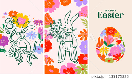 Cute Easter vertical banners with rabbits and colorful spring flowers. Playful folk art style with 135175826
