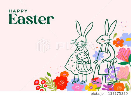 Cute Easter background with hand-drawn rabbits and colorful spring flowers. 135175839