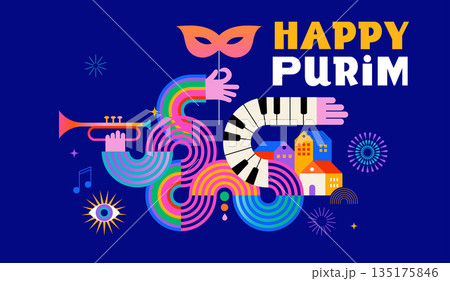 Happy Purim, poster with geometric carnival elements 135175846